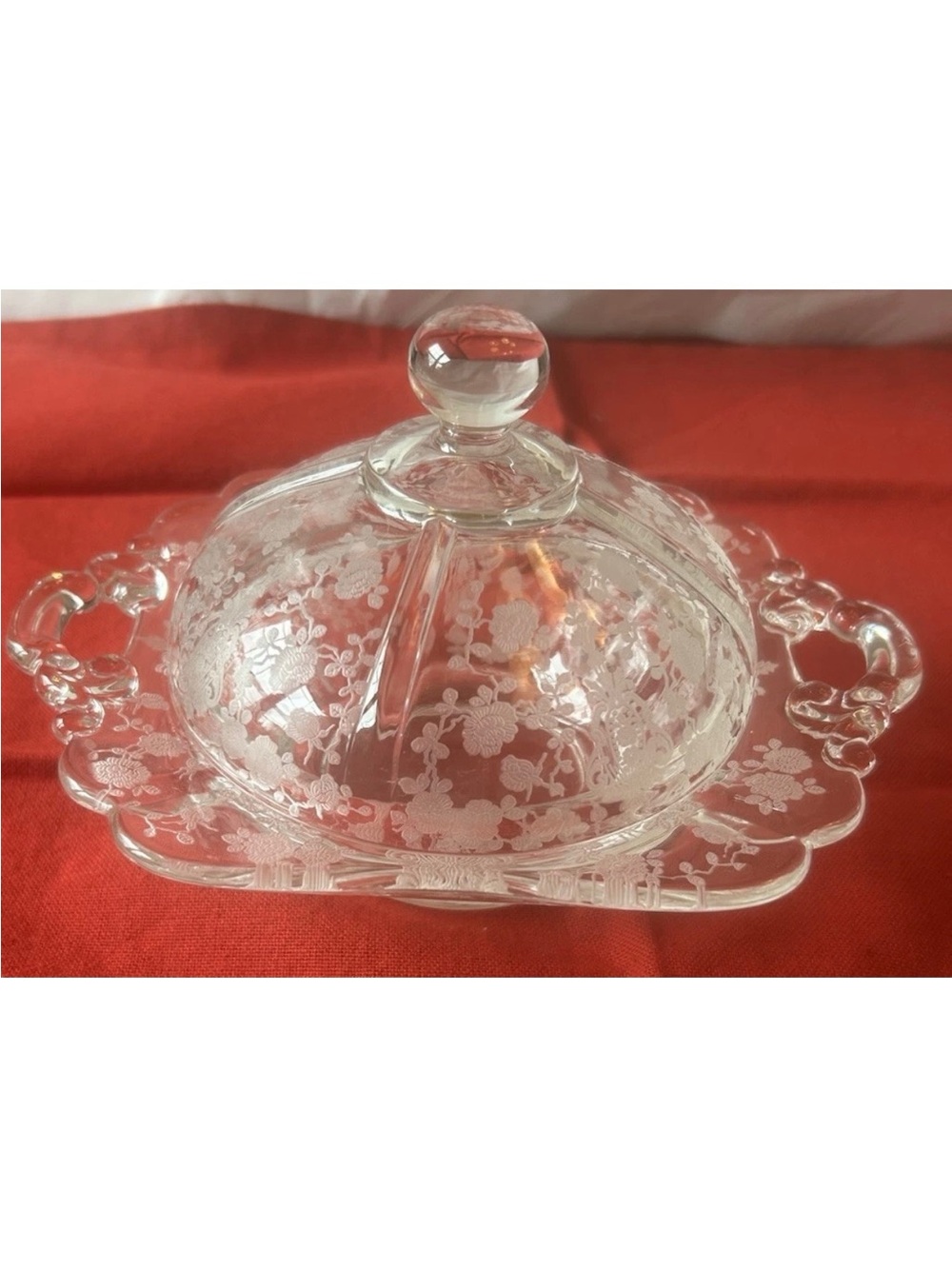 Vintage Cambridge Glass Rose Point pattern Butter Dish w/Lid  #3400/52 From 1930